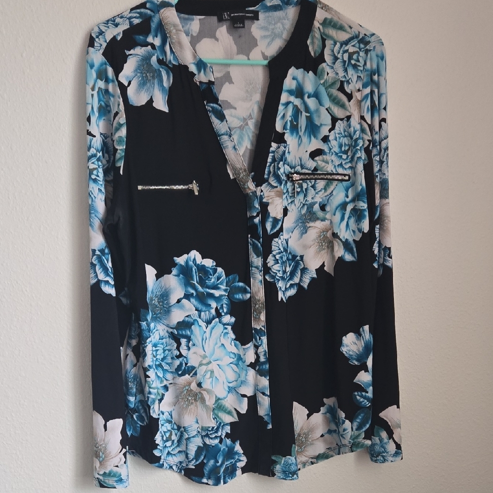 INC International Concepts Black Button-Down Shirt with Blue Floral Print